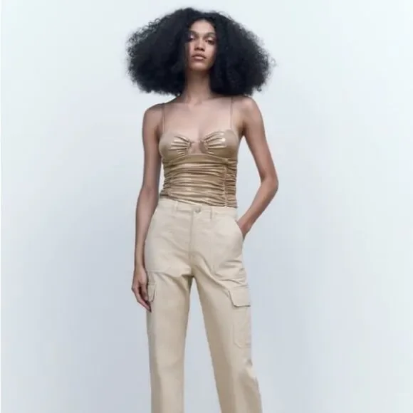 NWT Zara Metallic Gold Ruched Liquid Bodysuit with Cutout Medium 7818/384/303 - Picture 3 of 13